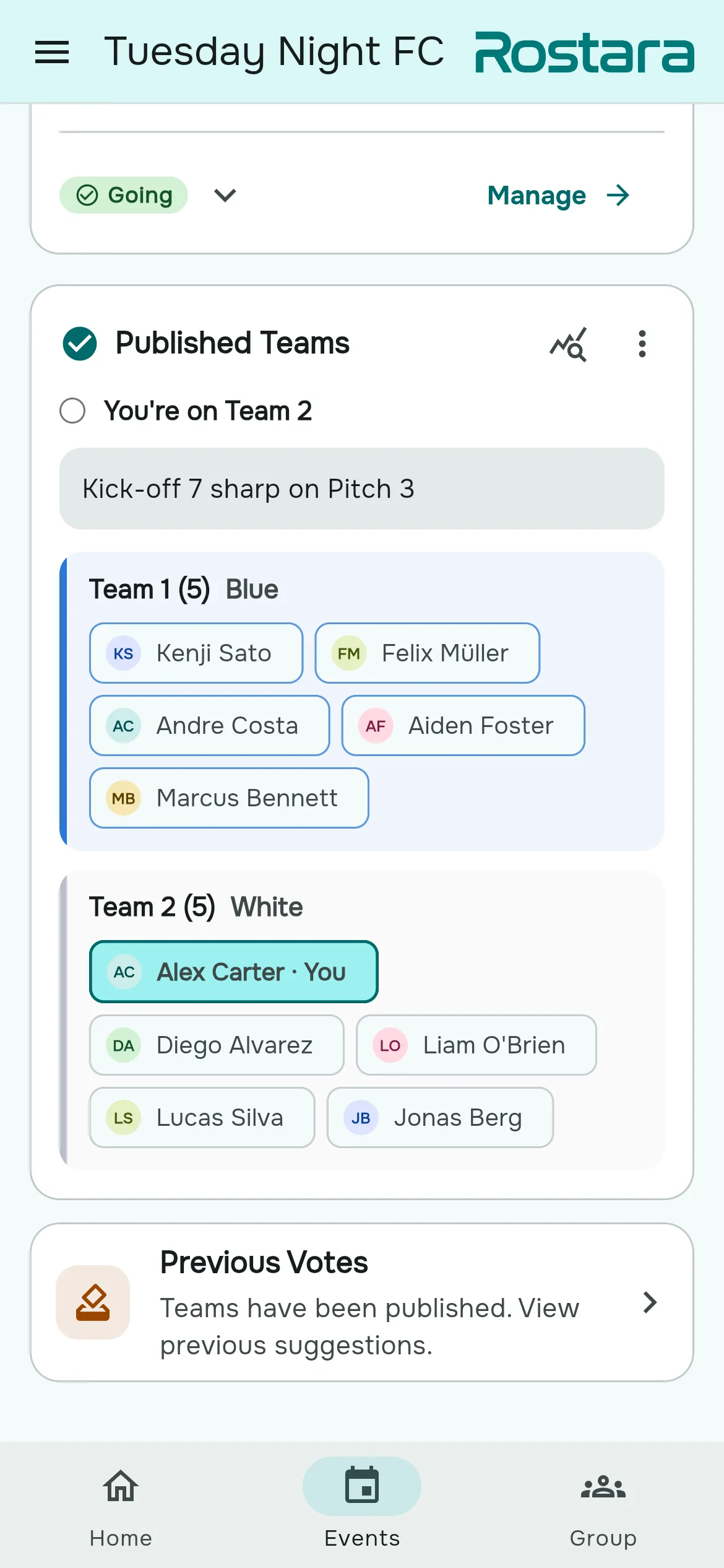 Rostara, published teams